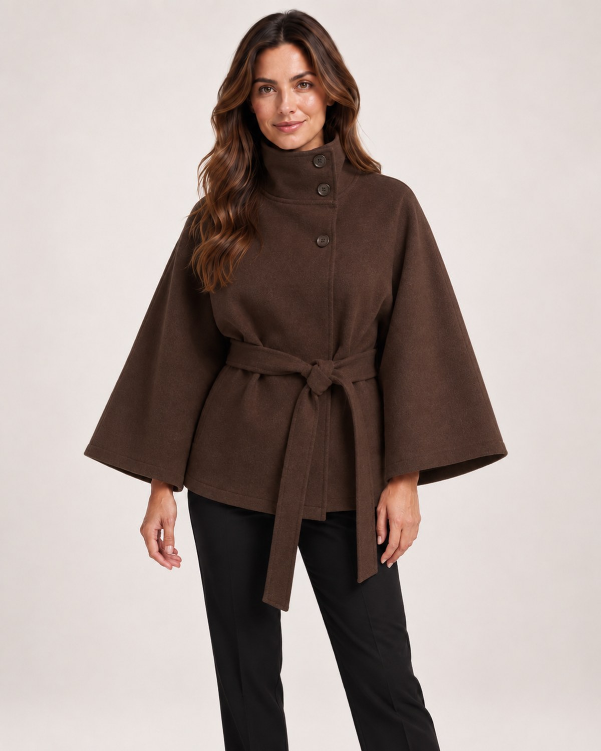 Women’s Cape Coat with Funnel Neck and Belt in Brown, lower body product focus view