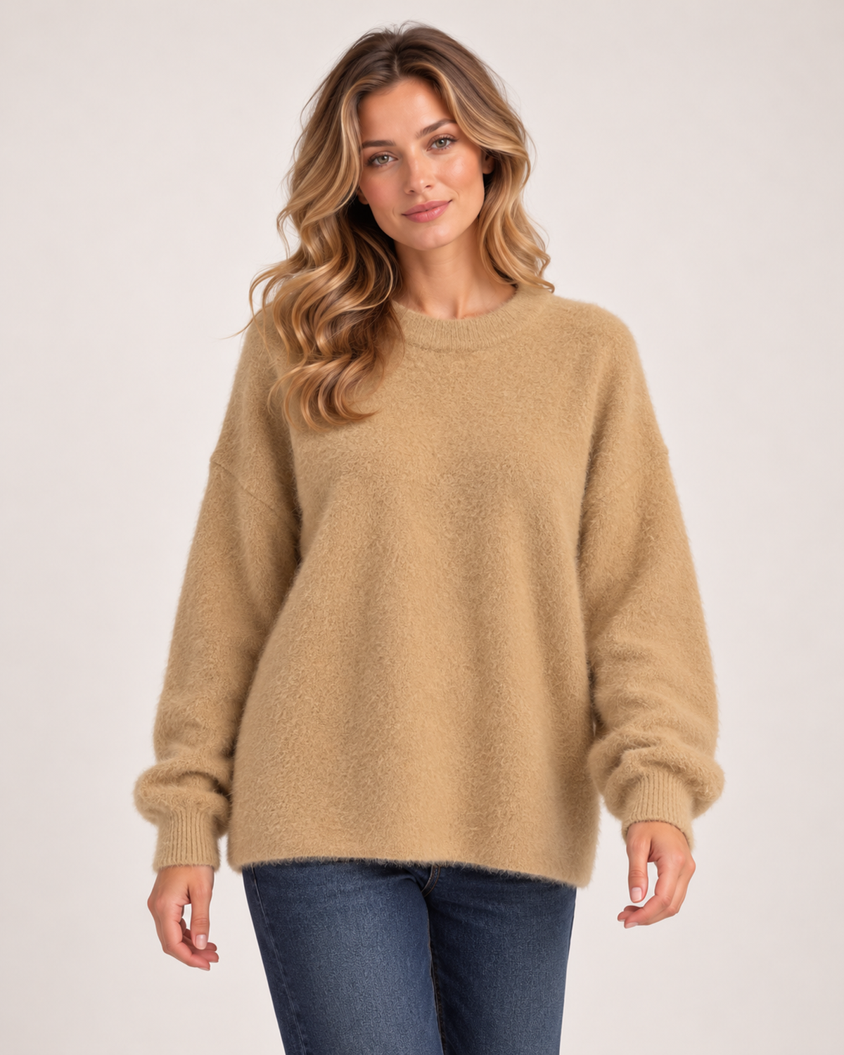 Women’s Fluffy Jumper with Crew Neck in Brown, upper body product focus view