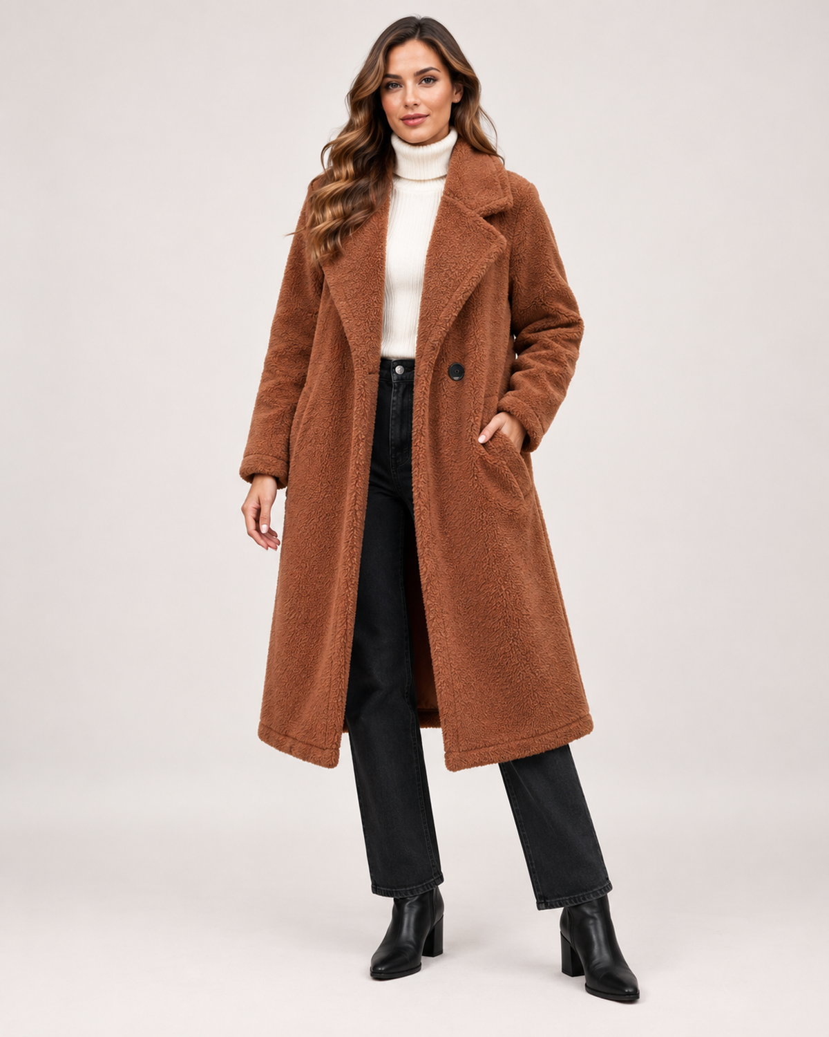 Women’s Borg Coat with Long Shape and Lapel Collar in Caramel, short outerwear product focus view