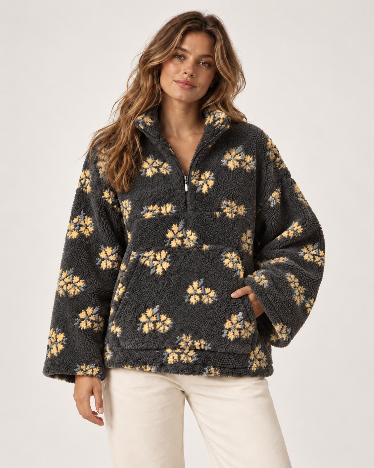 Women’s Borg Jacket with Floral Pattern and Half Zip in Charcoal Yellow Floral, short outerwear product focus view