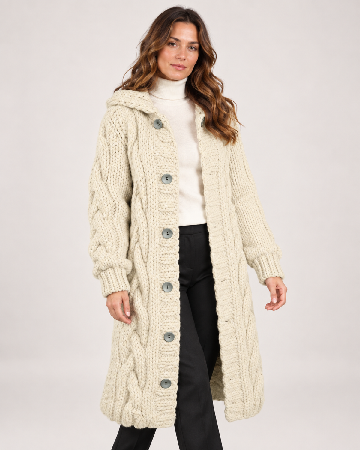 Women’s Longline Cardigan with Cable Knit and Hood in Cream, full body view