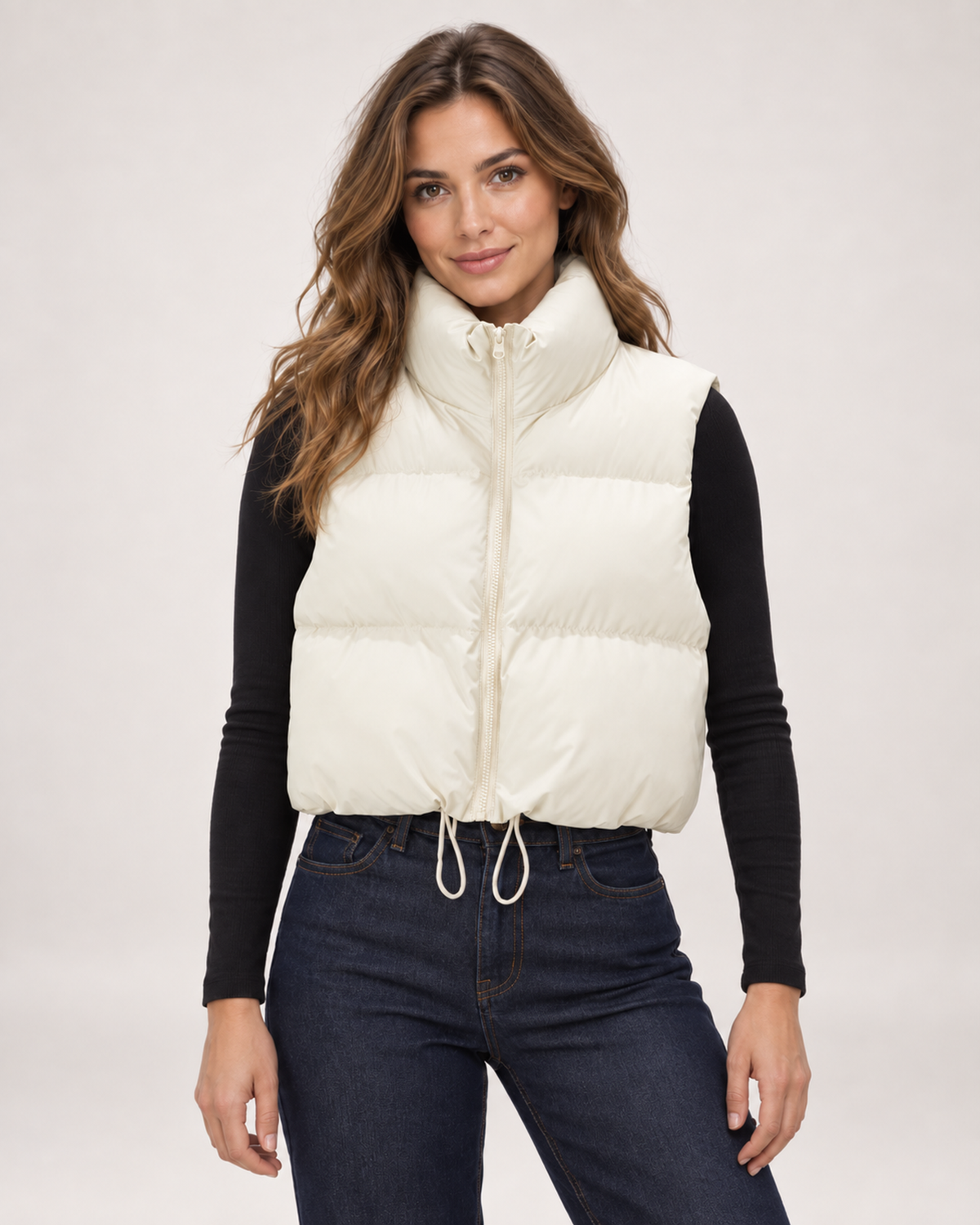Women’s Puffer Gilet with Cropped Shape and Stand Collar in Cream, short outerwear product focus view