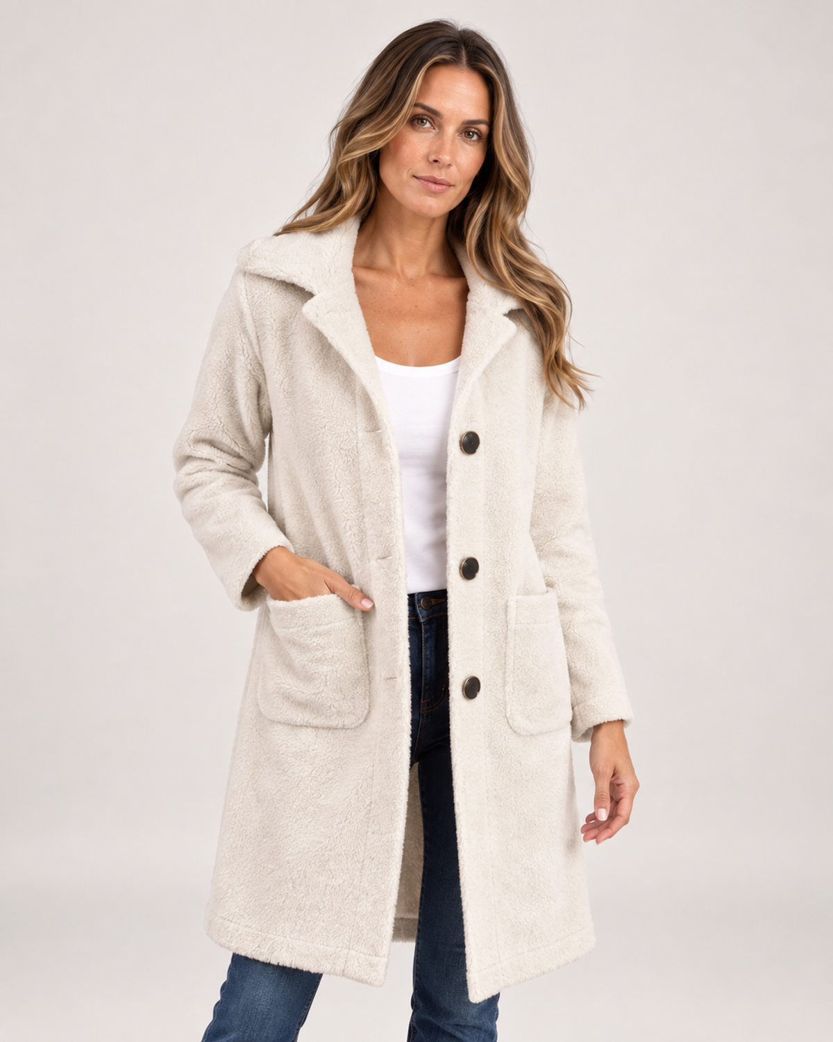 Women’s Longline Cardigan with Button Front and Pockets in Cream, full body view