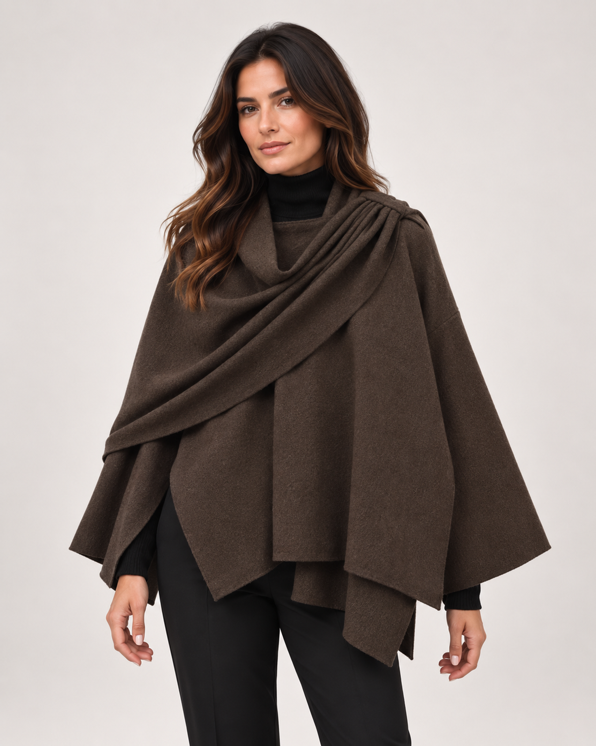 Women’s Cape Coat with Asymmetric Scarf Collar in Dark Brown, lower body product focus view
