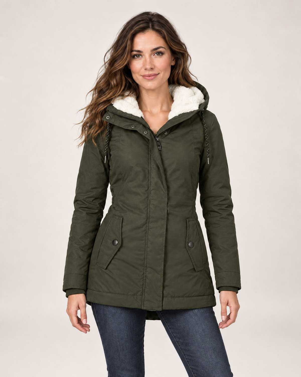 Women’s Fleece Lined Jacket with Hood and Zip Front in Dark Green, short outerwear product focus view