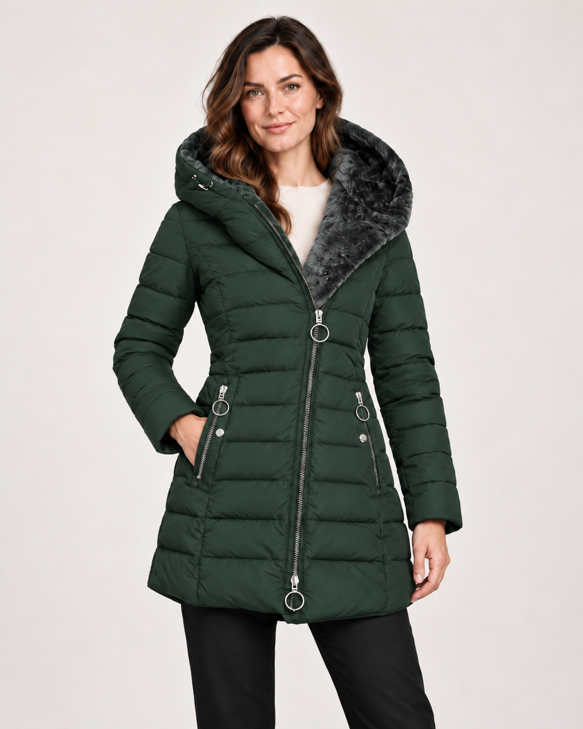 Women’s Long Puffer Jacket with Hood and Asymmetric Zip in Dark Green, short outerwear product focus view
