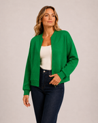 Women’s green zip up cardigan three quarter view