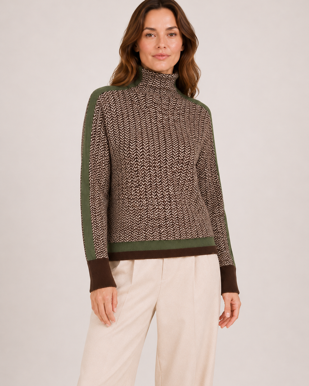 Women’s Roll Neck Jumper with Contrast Sleeves in Green, three quarter body view