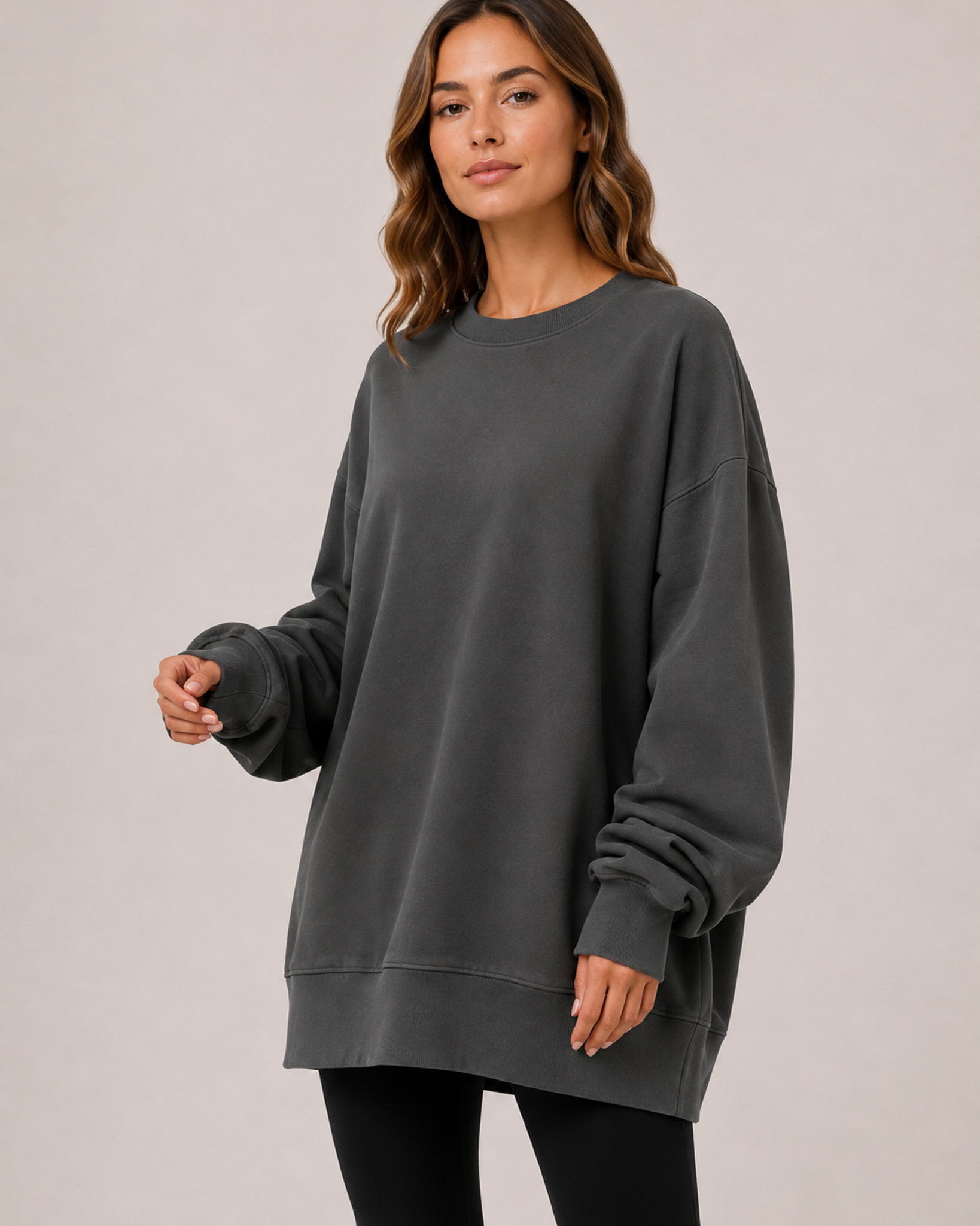 Women’s Oversized Sweatshirt with Crew Neck in Grey, three quarter body view