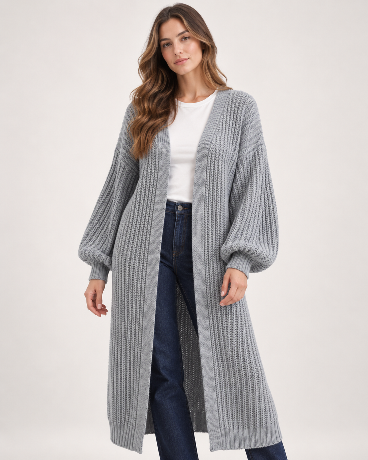 Women’s Long Cardigan with Balloon Sleeves in Grey, full body view