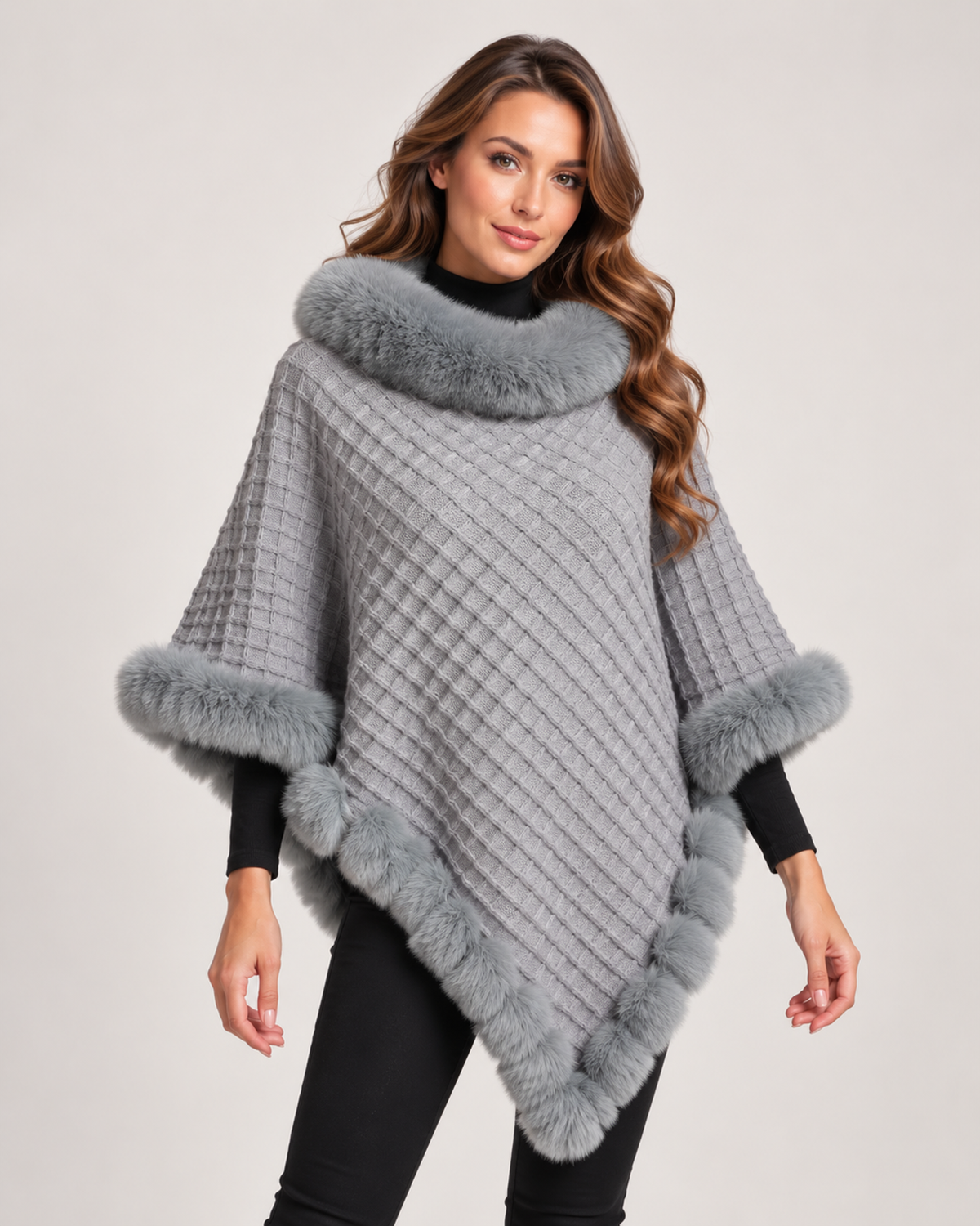 Women’s Cape Coat with Faux Fur Trim in Grey, short outerwear product focus view