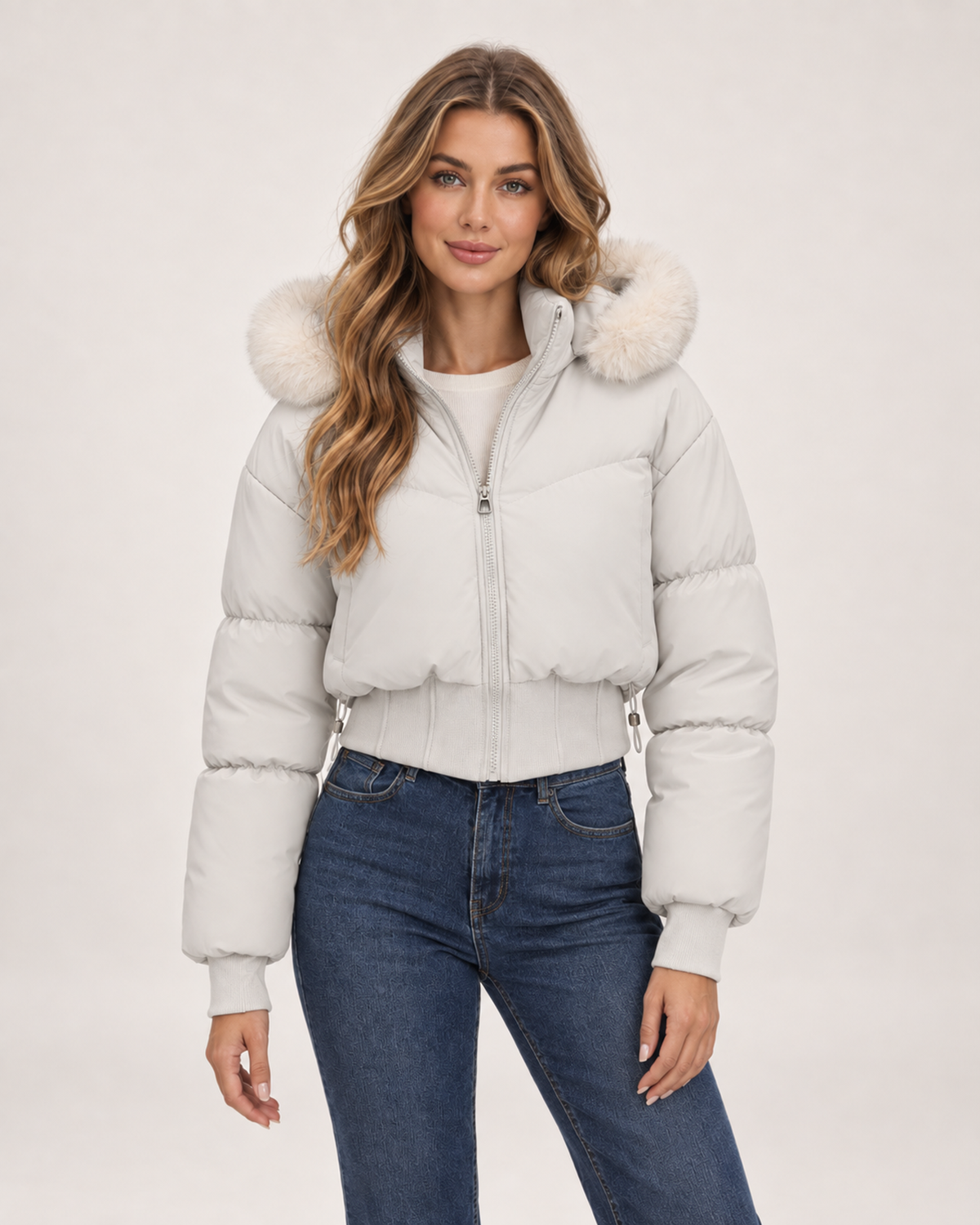 Women’s Puffer Jacket with Cropped Shape and Detachable Hood Trim in Grey, short outerwear product focus view