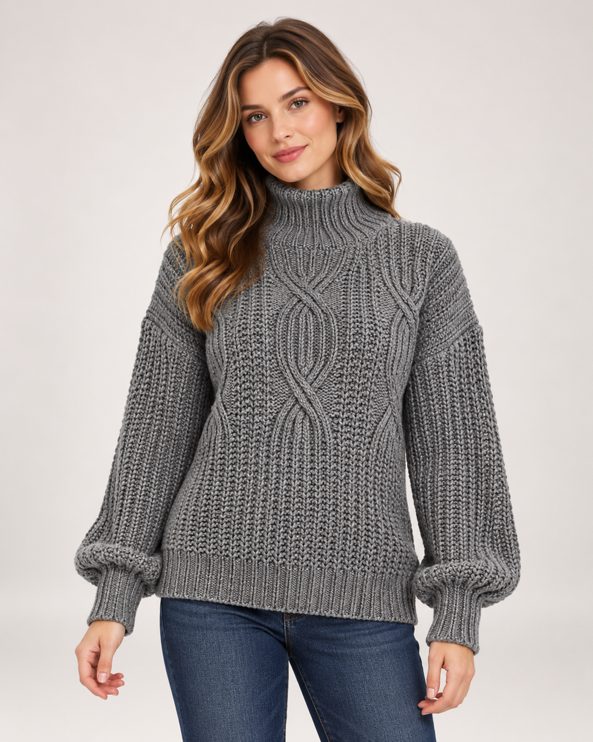 Women's Cable Knit Jumper with Roll Neck and Balloon Sleeves grey close variant view