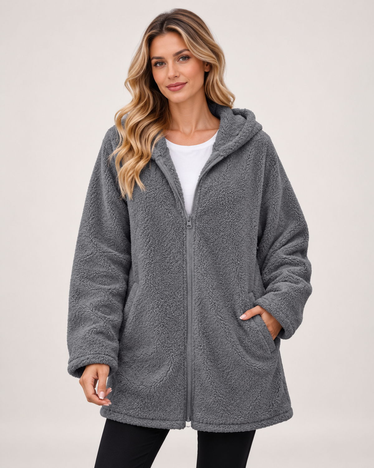 Women’s Fleece Jacket with Hood and Zip Front in Grey, short outerwear product focus view