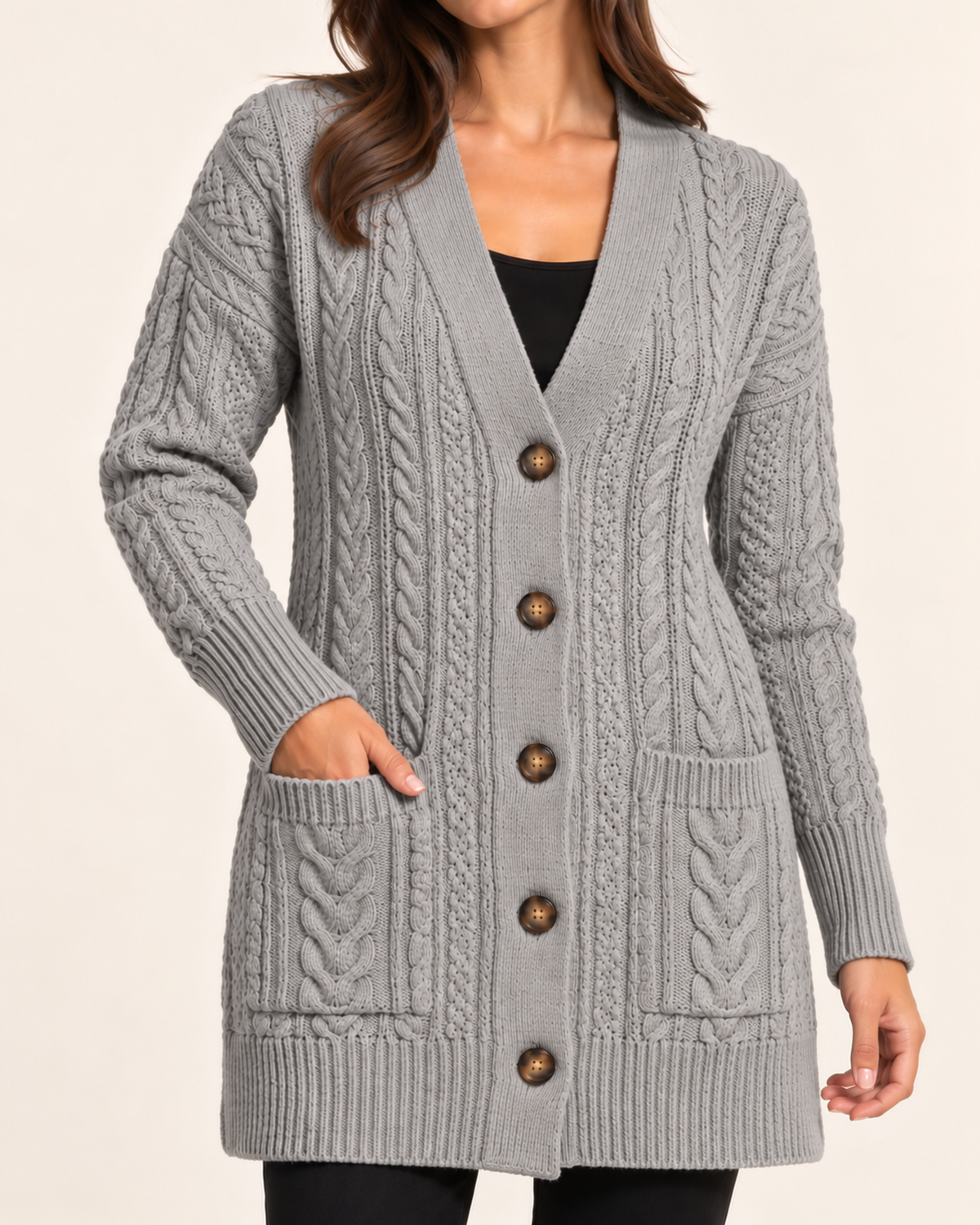Women's grey cable knit button front coatigan close variant view