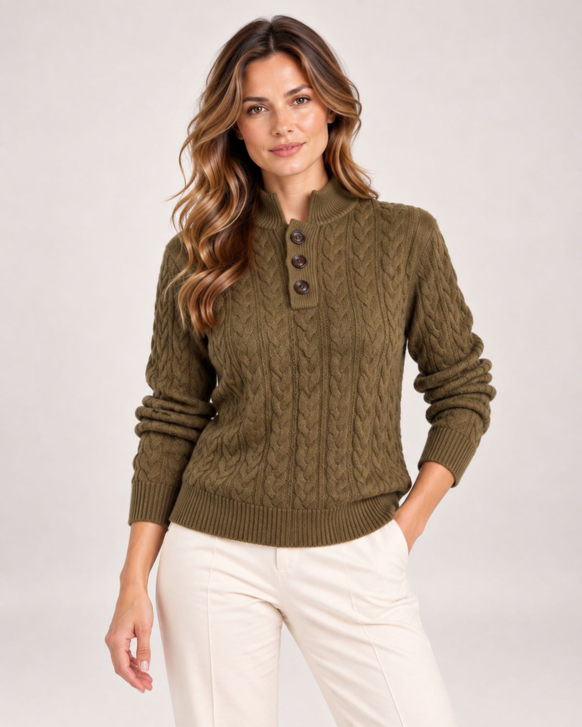 Women's Cable Knit Jumper with Stand Collar and Button Neck khaki close variant view