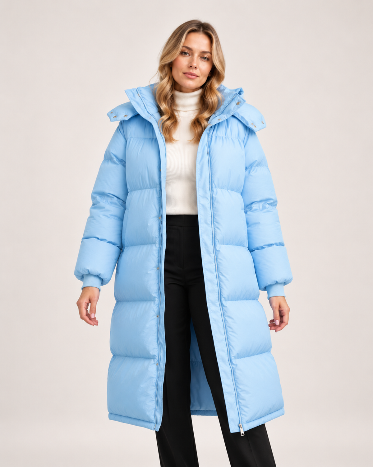 Women’s Long Puffer Coat with Hood and Oversized Fit in Light Blue, short outerwear product focus view
