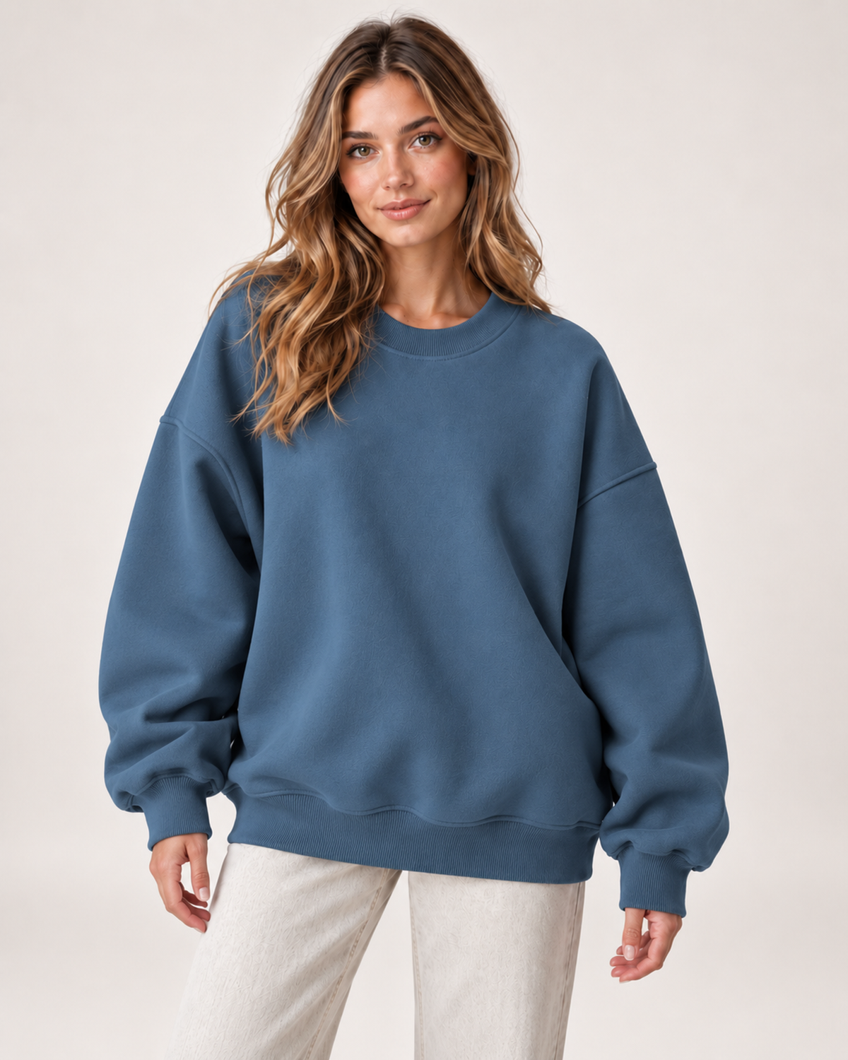 Women’s Oversized Sweatshirt with Crew Neck in Navy Blue, upper body product focus view