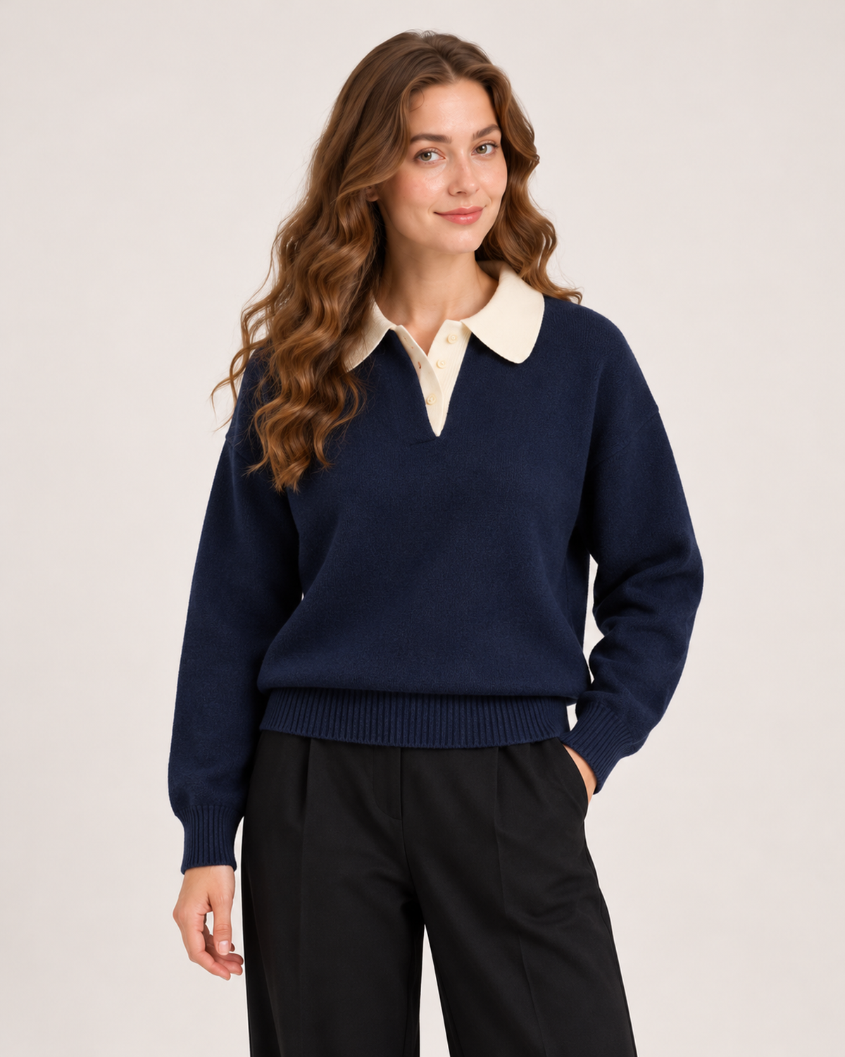 Women’s Collared Jumper with Colour Block Design in Navy Blue, lower body product focus view