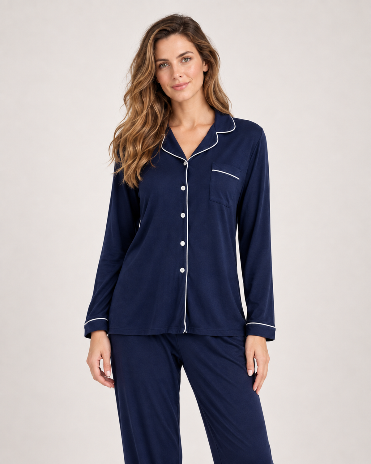 Women’s Pyjama Set in Modal with Contrast Piping in Navy Blue, lower body product focus view