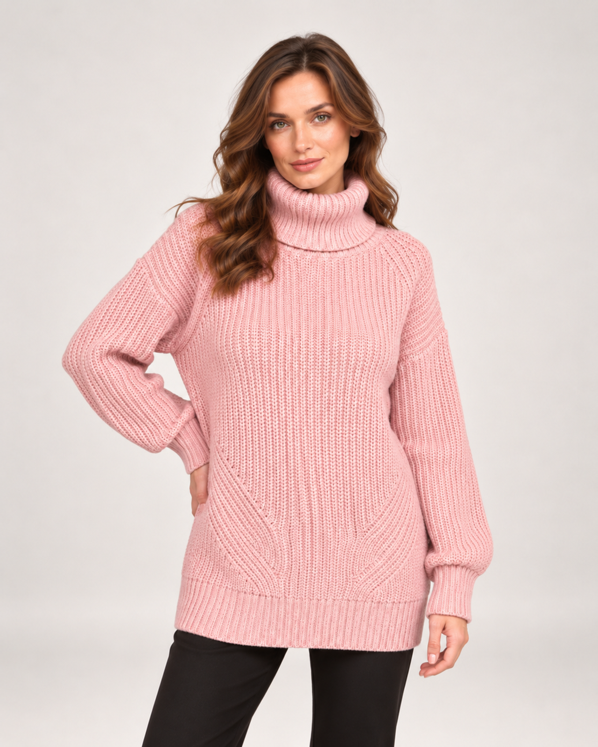 Women's Roll Neck Jumper with Relaxed Longline Fit pink close variant view