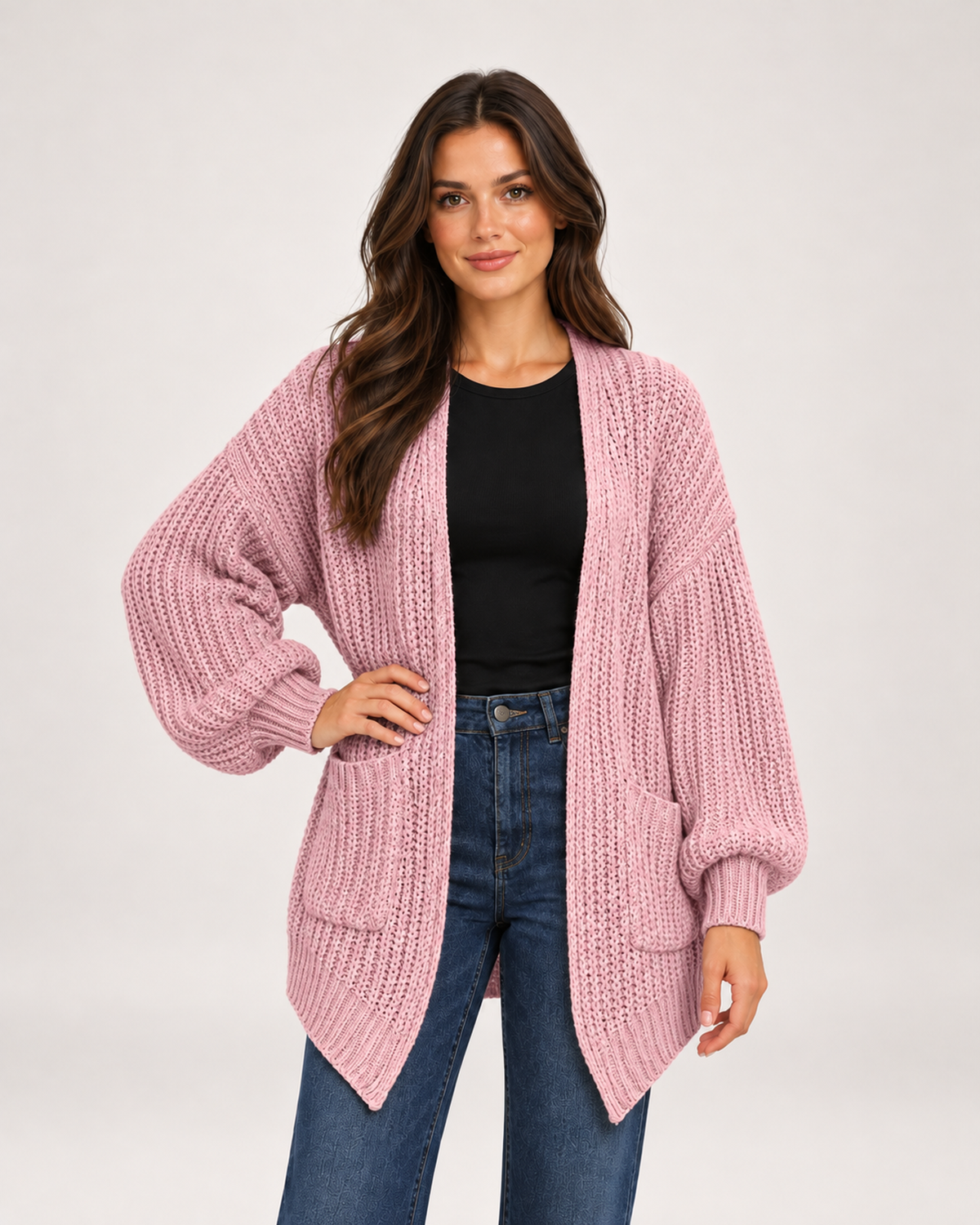 Women's Balloon Sleeve Cardigan with Chunky Knit pink close variant view