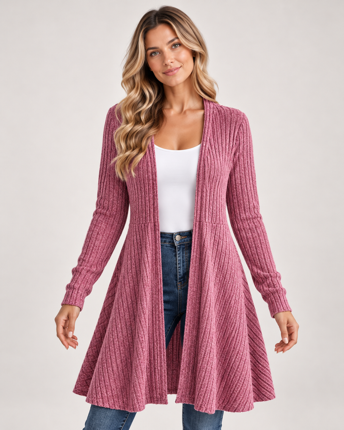 Women's Longline Cardigan with Open Front pink close variant view