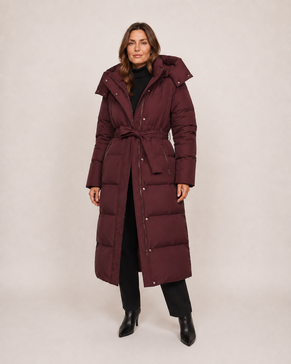 Women’s Long Puffer Coat with Hood and Belt in Red, short outerwear product focus view