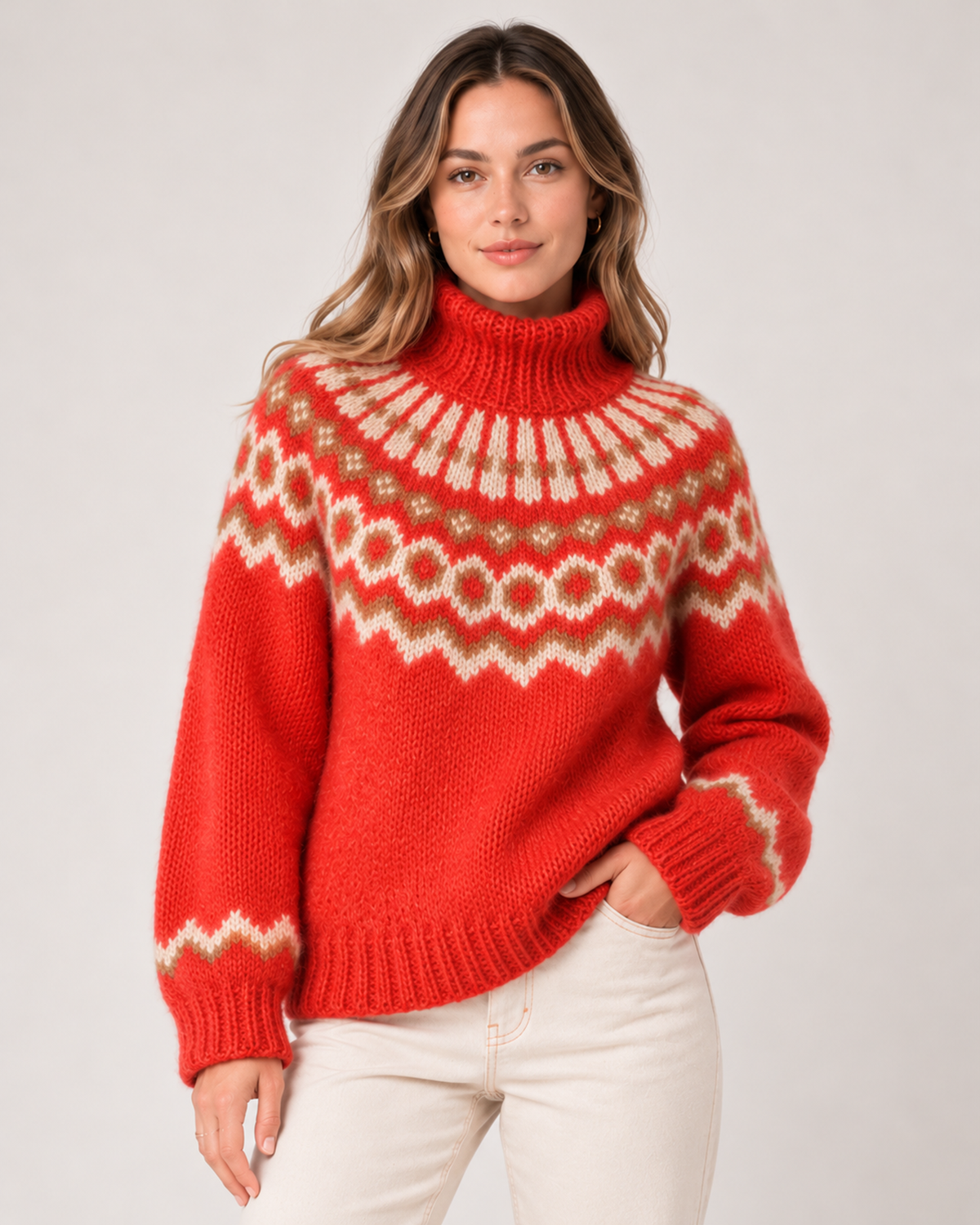 Women's Fair Isle Jumper Patterned High Neck Knitted Style red close variant view