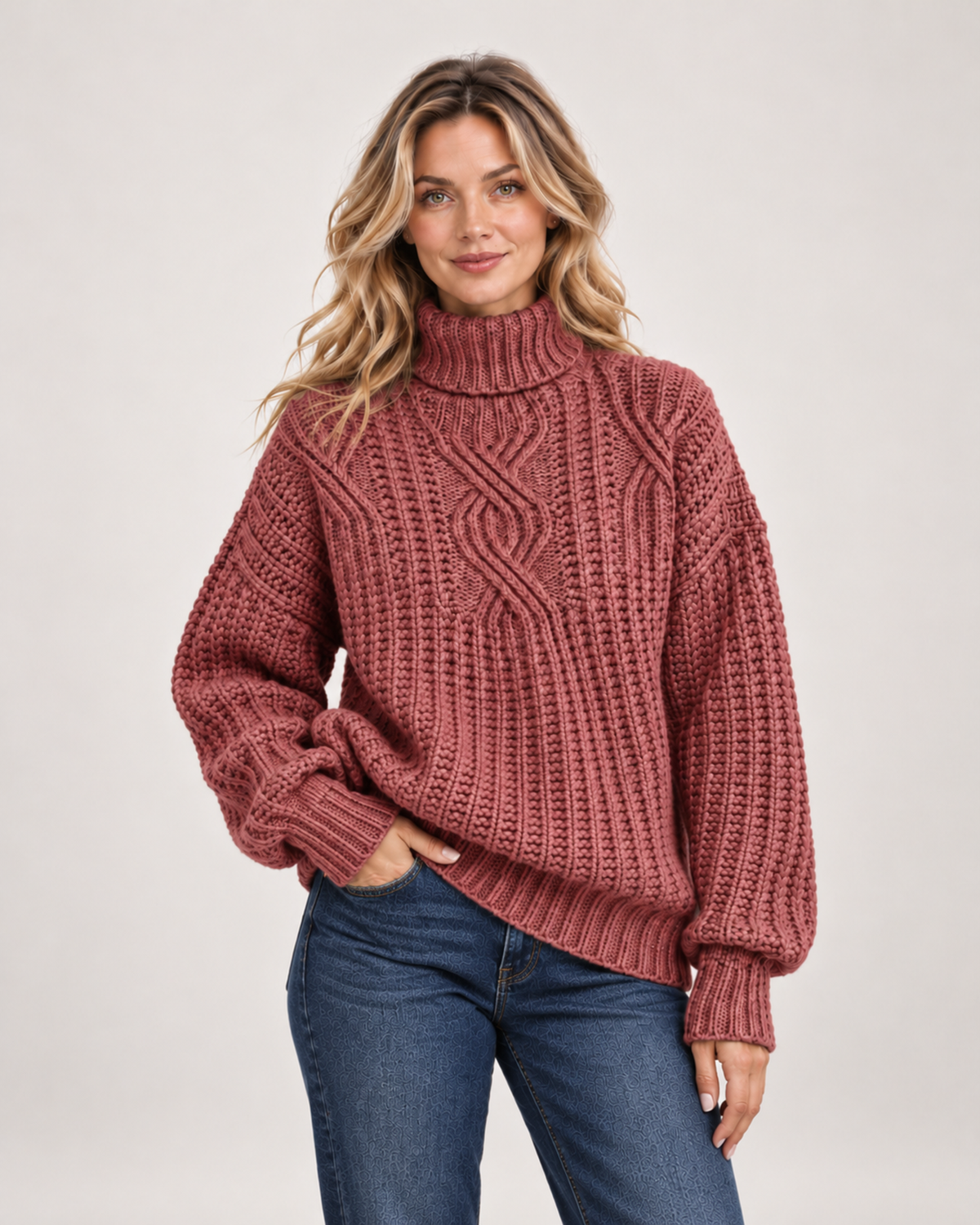 Women's Roll Neck Jumper with Cable Knit red close variant view