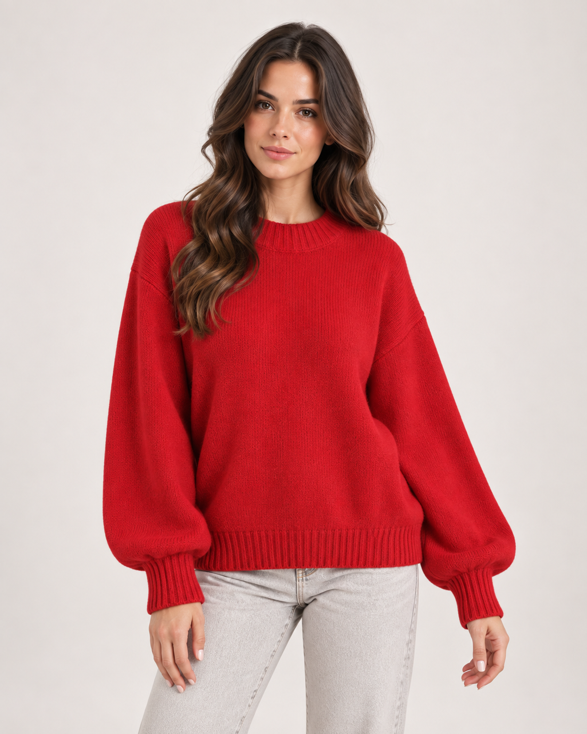 Women’s Crew Neck Jumper with Balloon Sleeves in Red, upper body product focus view