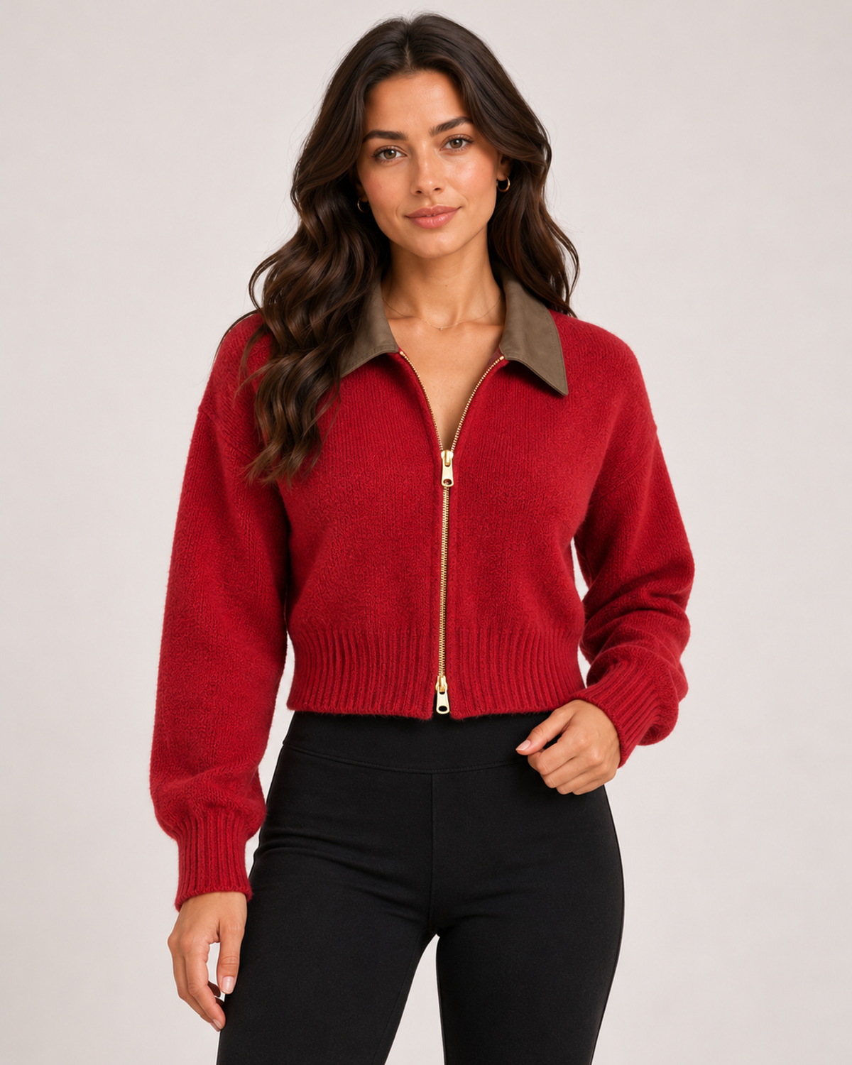 Women's Cropped Zip-Up Cardigan with Contrast Collar red close variant view
