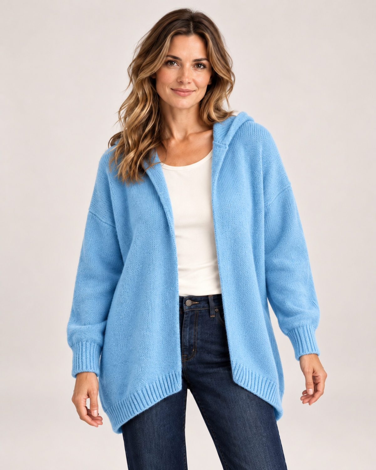 Women’s Hooded Cardigan with Knitted Finish in Sky Blue, upper body product focus view