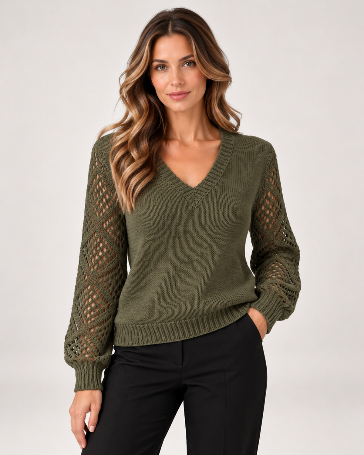 Women's dark green V neck jumper with openwork sleeves