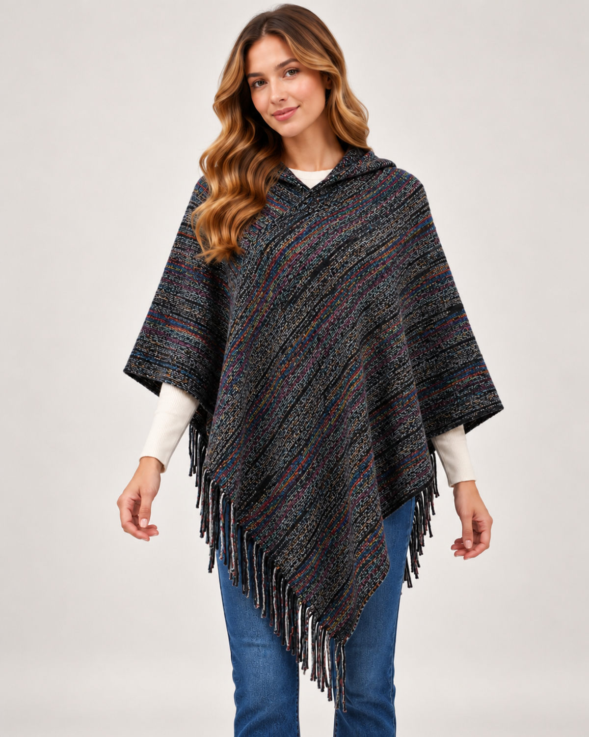 Women's black striped hooded poncho