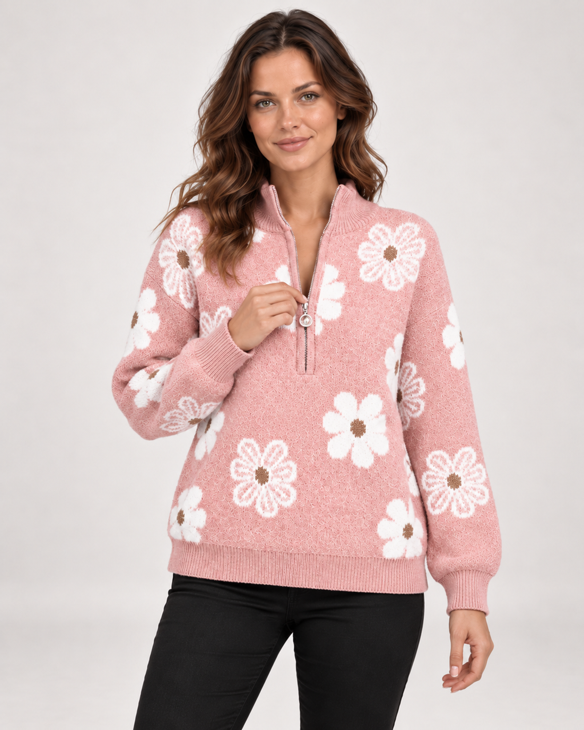 Women’s half-zip floral jumper in pink