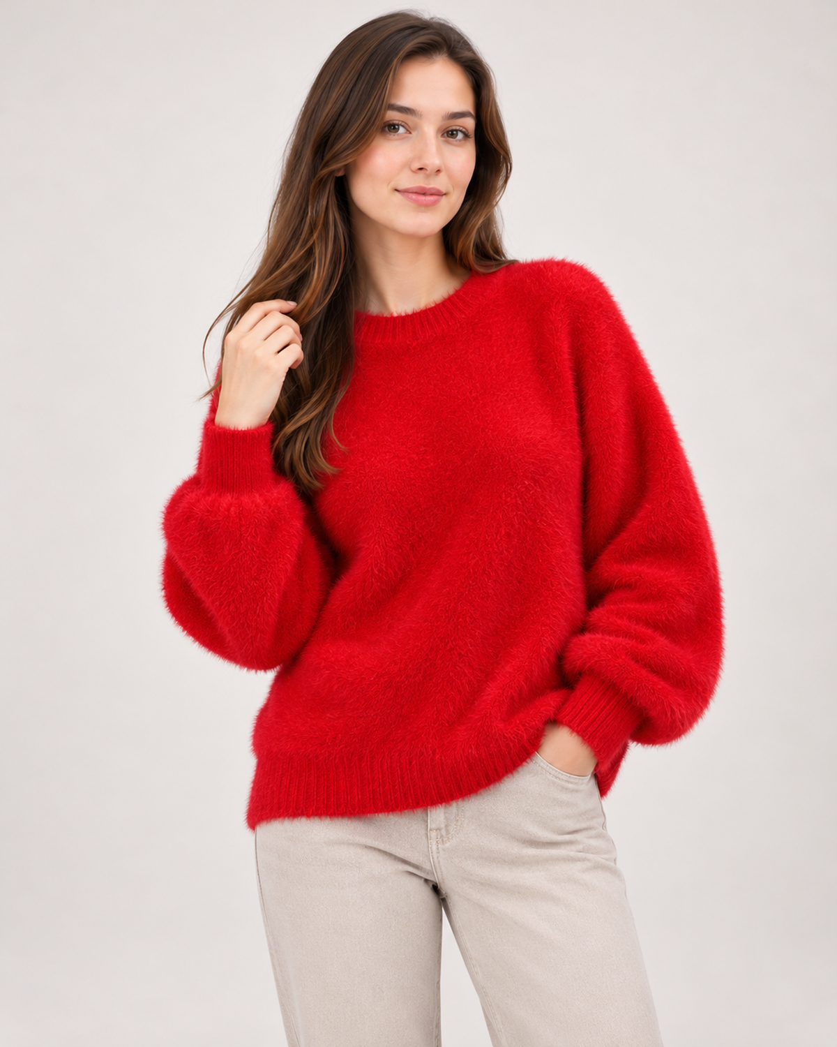 Women's red fluffy crew neck jumper