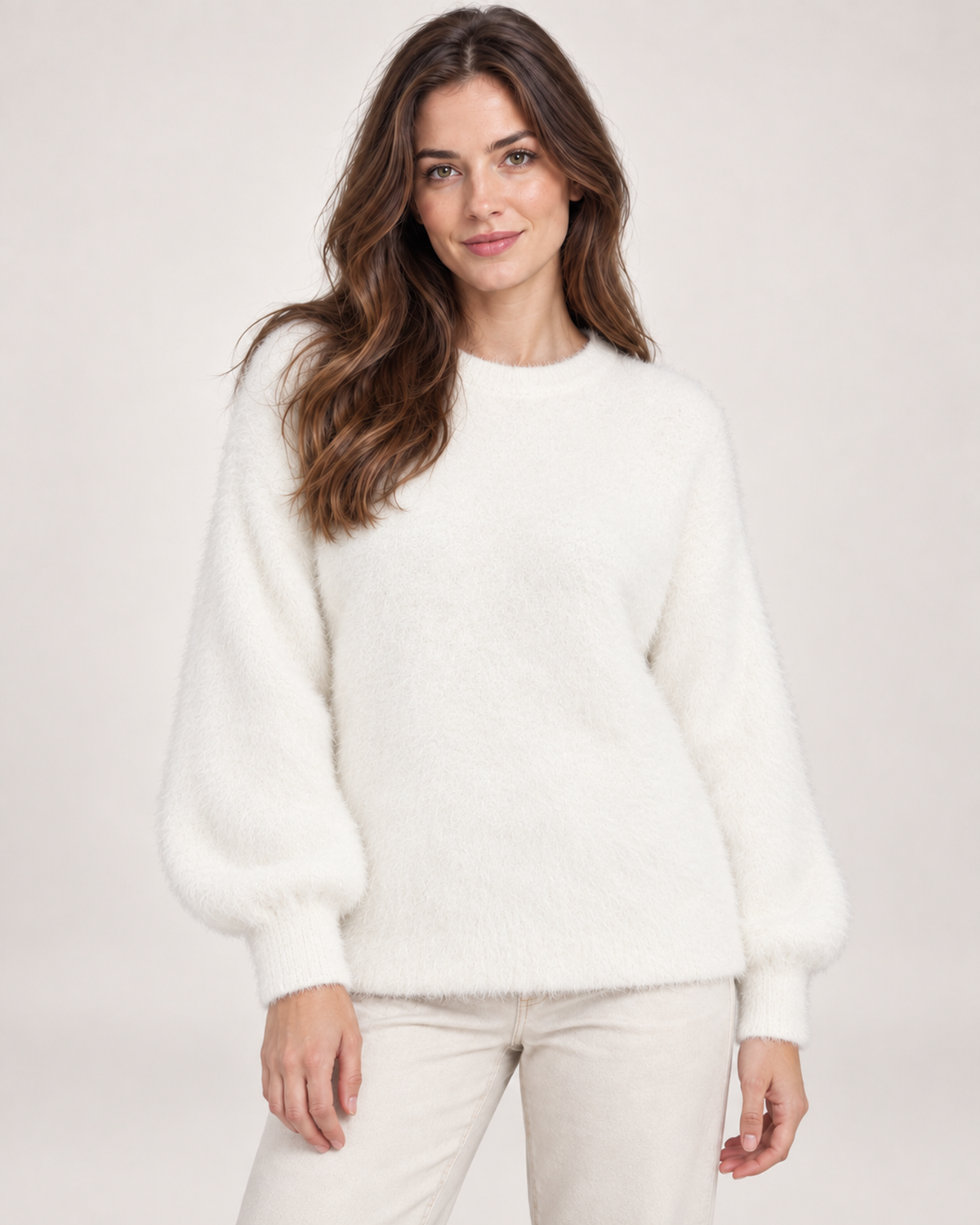 Women’s Fluffy Jumper with Crew Neck in White, upper body product focus view