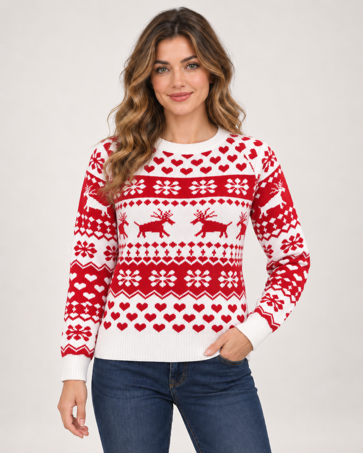 Women’s Christmas Jumper with Reindeer and Heart Pattern in White, upper body product focus view
