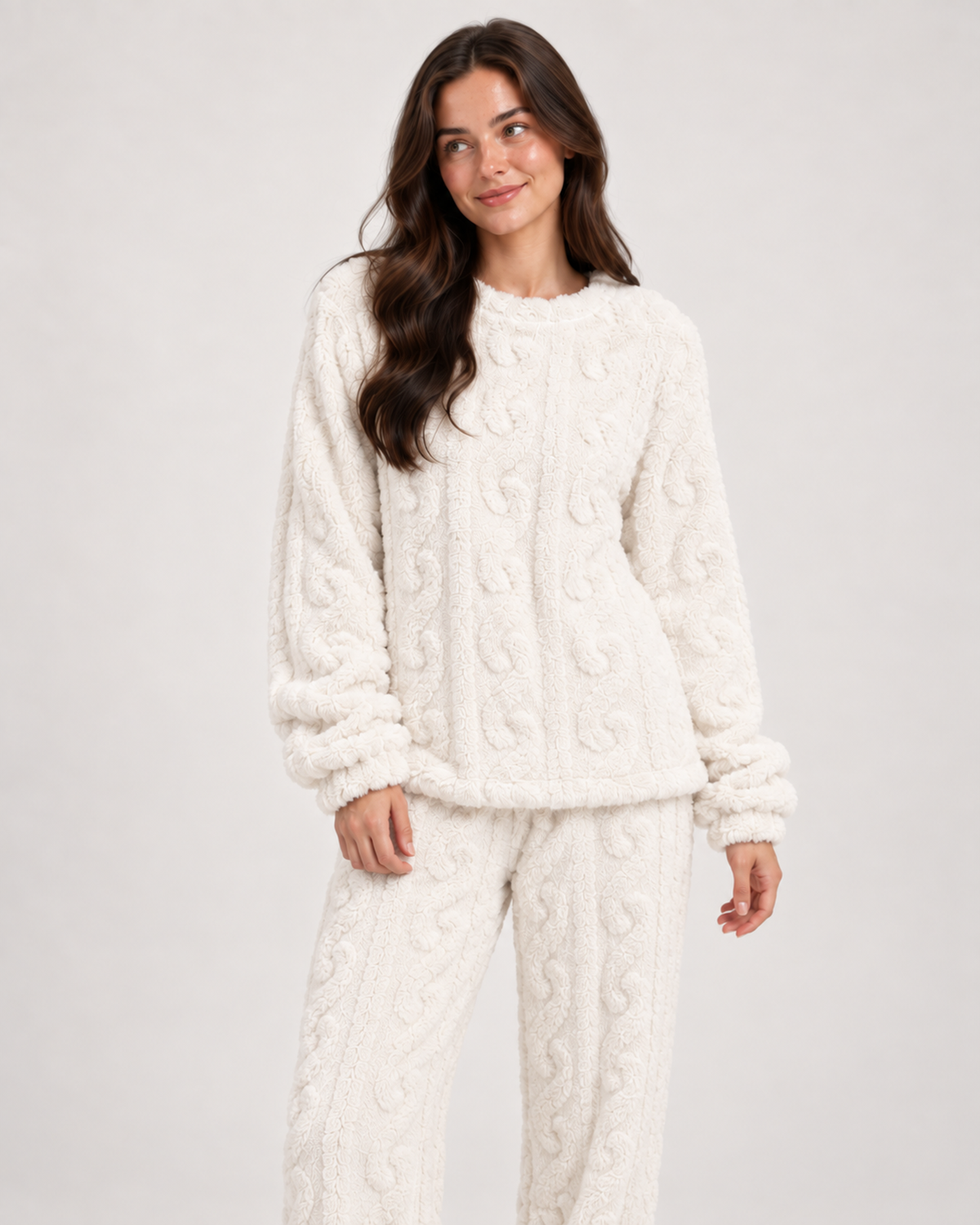 Women’s Fleece Pyjamas with Cable Pattern in White, lower body product focus view