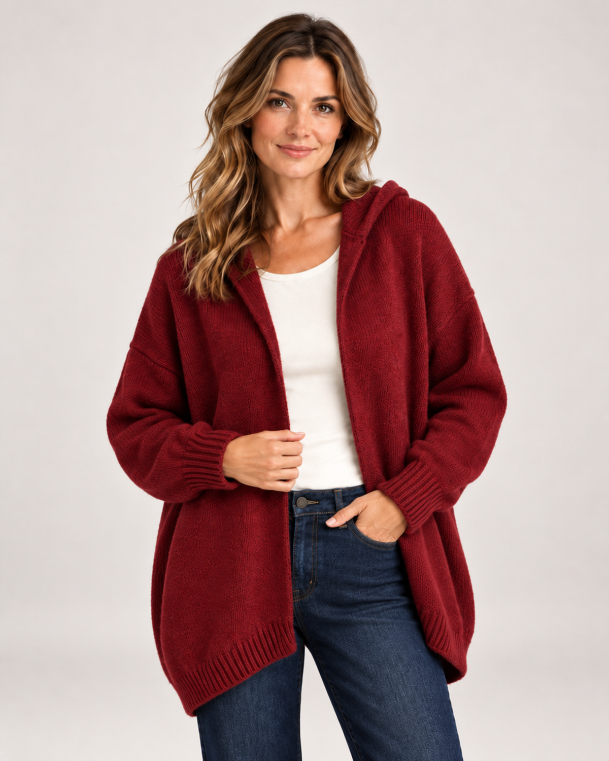 Women's Hooded Cardigan with Knitted Finish wine red close variant view