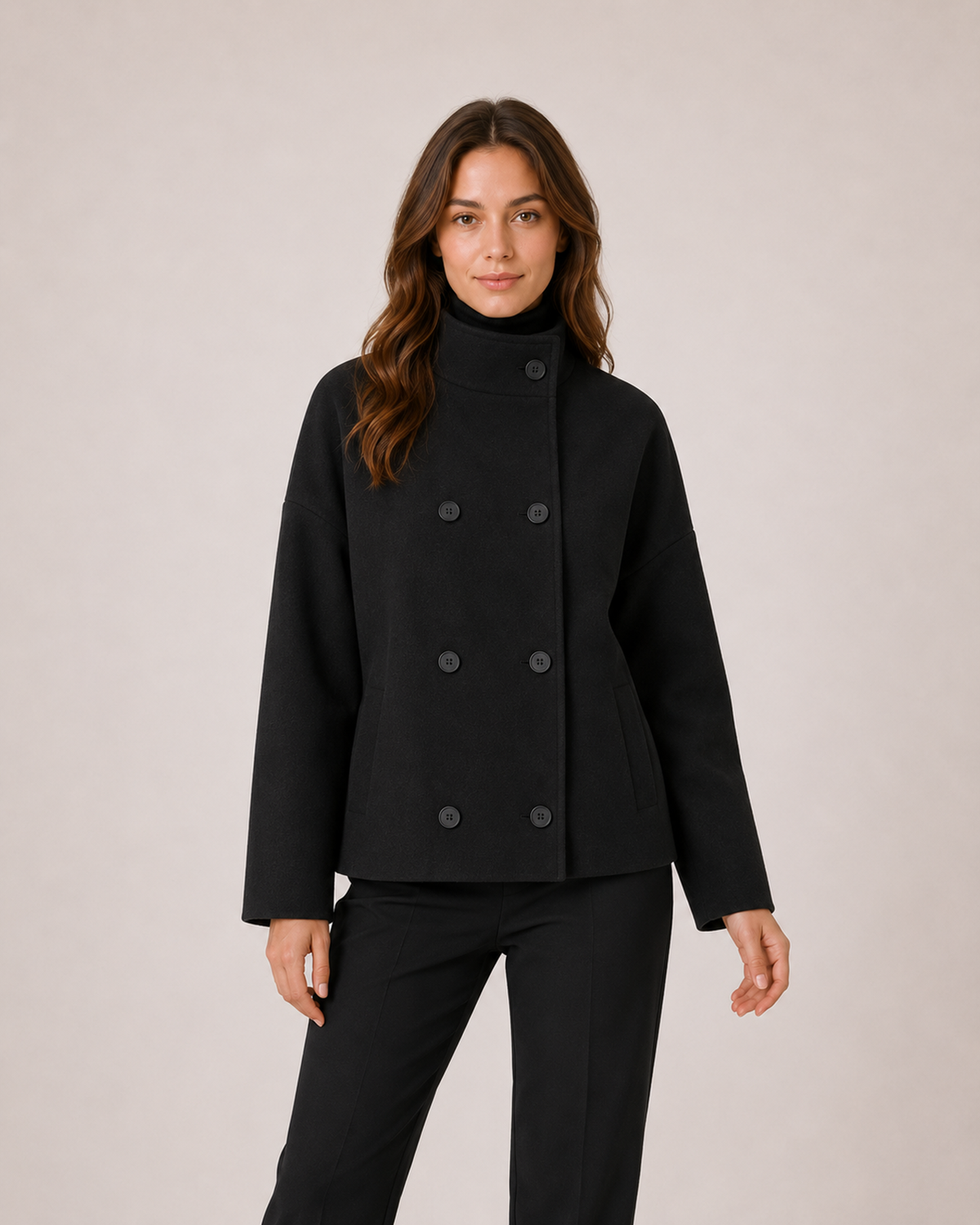 Women’s black funnel neck coat front view