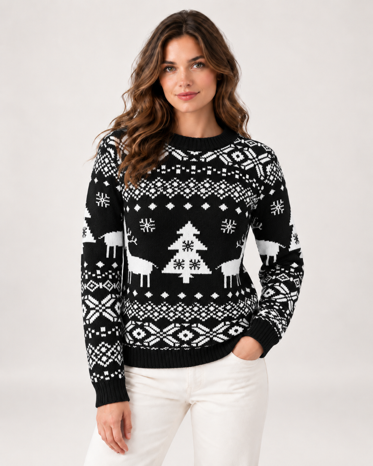 Women’s Christmas Jumper with Reindeer Pattern in Black, product-focused view