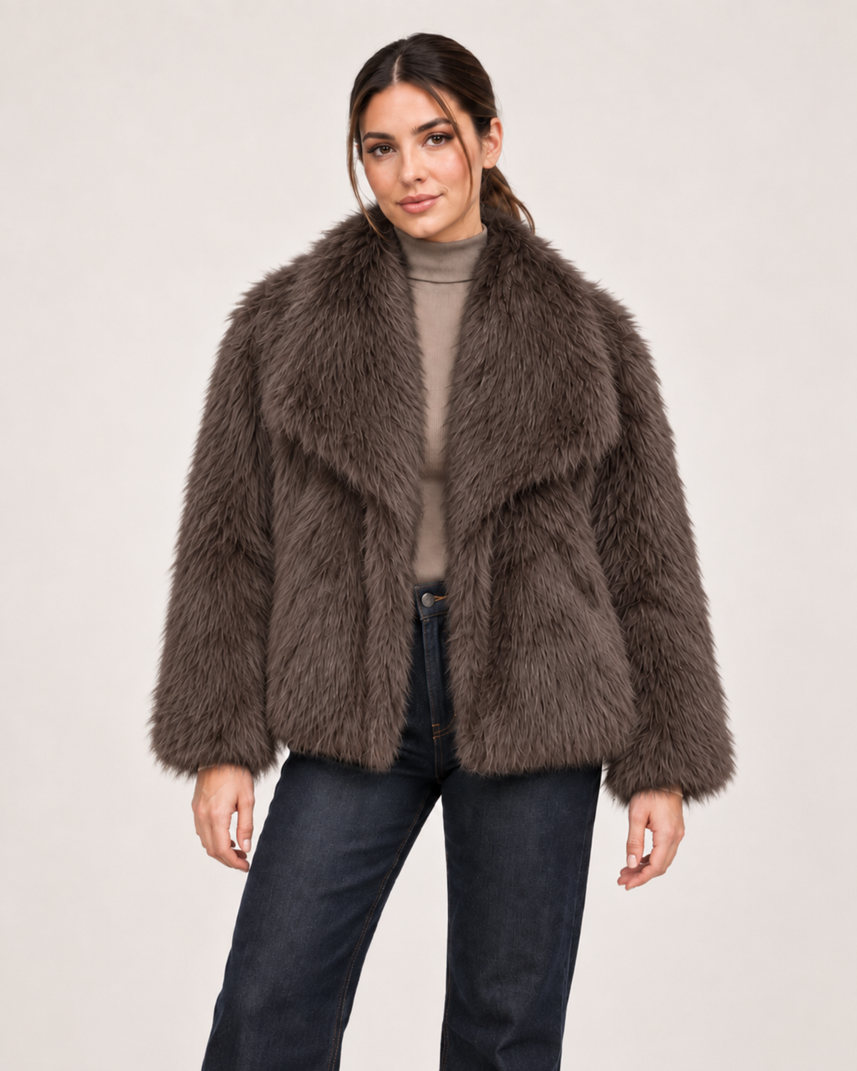 Women’s brown faux fur jacket front product view