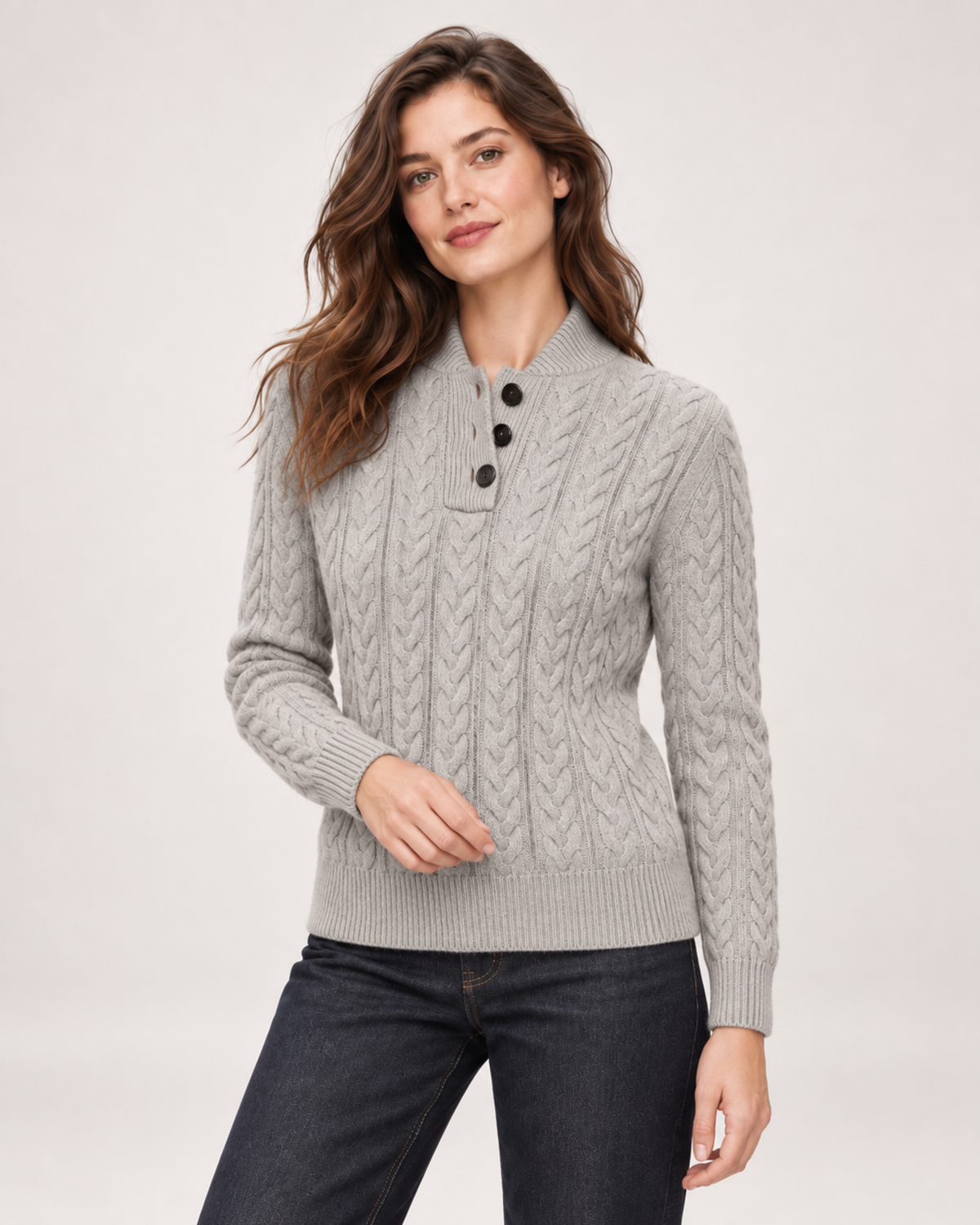 Women’s grey cable knit jumper three quarter view