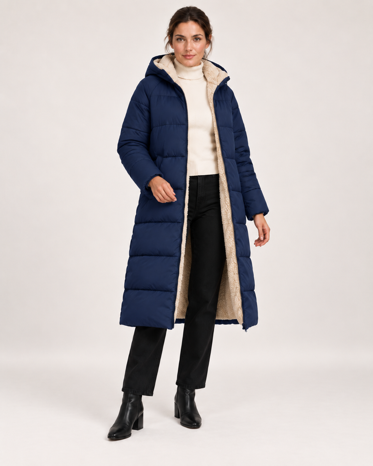 Women’s navy blue long puffer coat open front product view