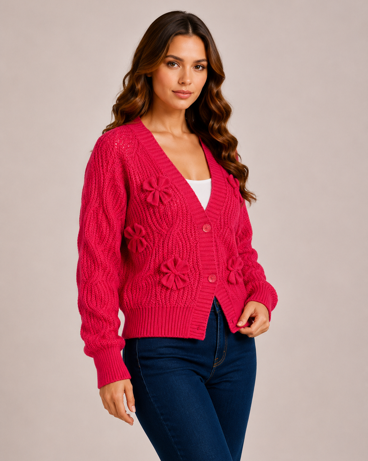 Women’s red bow cardigan three quarter view