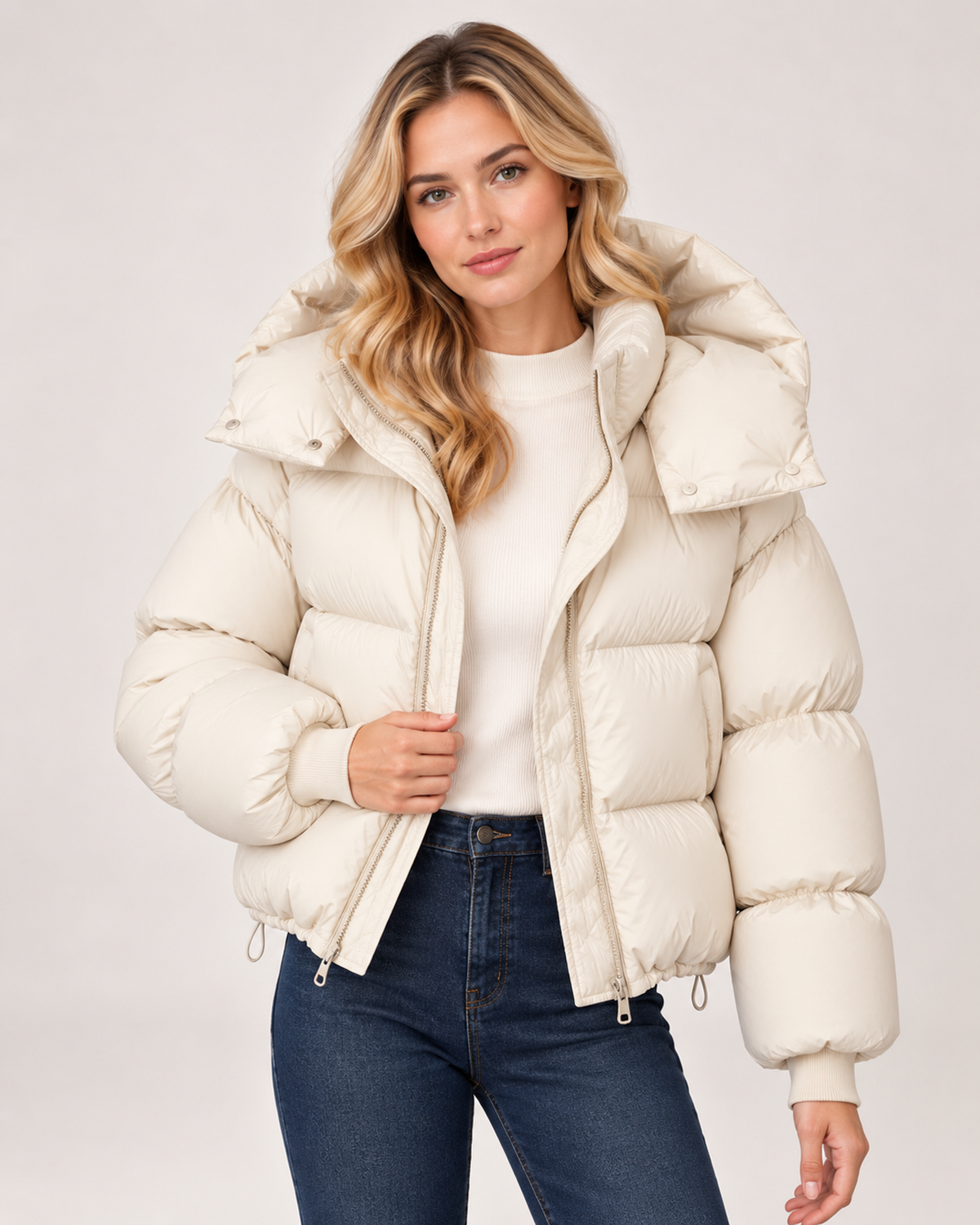 Women’s Puffer Jacket with Oversized Hood and Drawstring Hem in Beige, short outerwear product focus view