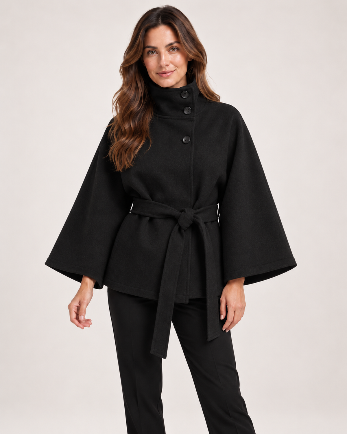 Women’s Cape Coat with Funnel Neck and Belt in Black, lower body product focus view