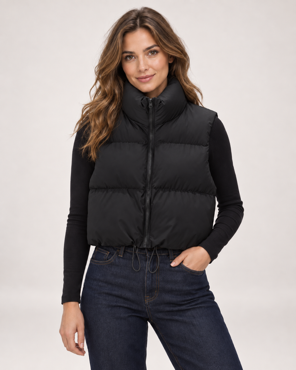 Women’s Puffer Gilet with Cropped Shape and Stand Collar in Black, short outerwear product focus view